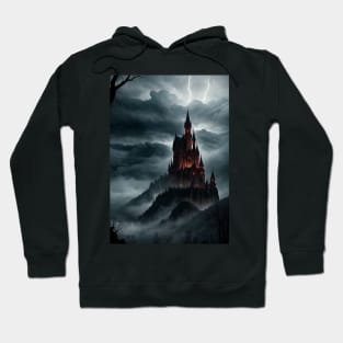 Spooky Castle Render with Lightning Flashing Above Hoodie